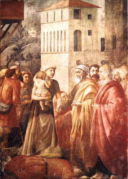Masaccio: Szent Péter és Szent János apostol szétosztja a közösség javait a jeruzsálemi szegények között.